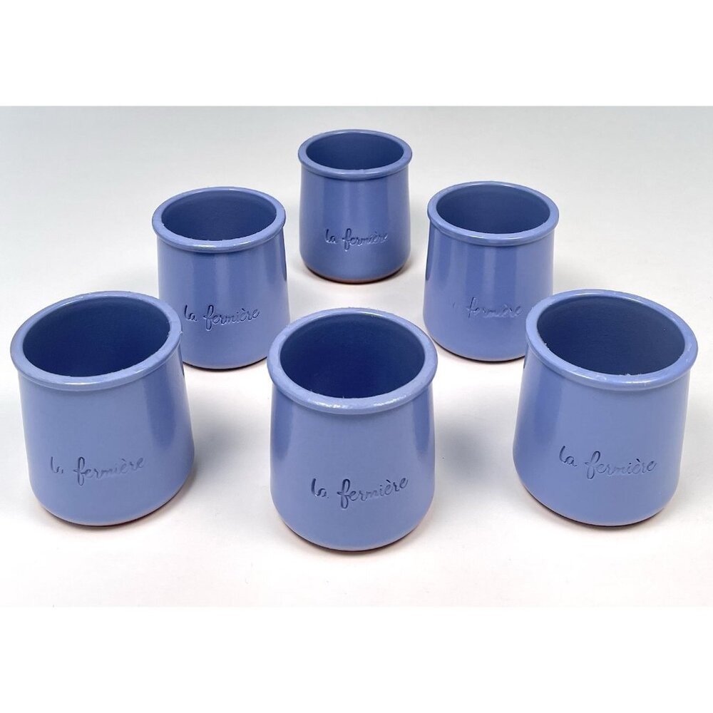 Lot 6 LA FERMIERE Embossed Terracotta Glazed Periwinkle Blue YOGURT POTS Jars